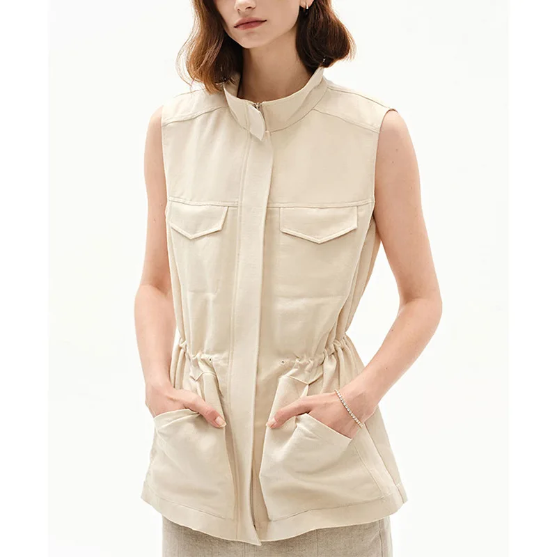 

2025 HIgh Street Tencel Lyocell Linen Vest Women Drawstring Waist Zipper Loose Sleeveless Waist Coat Women's Vest