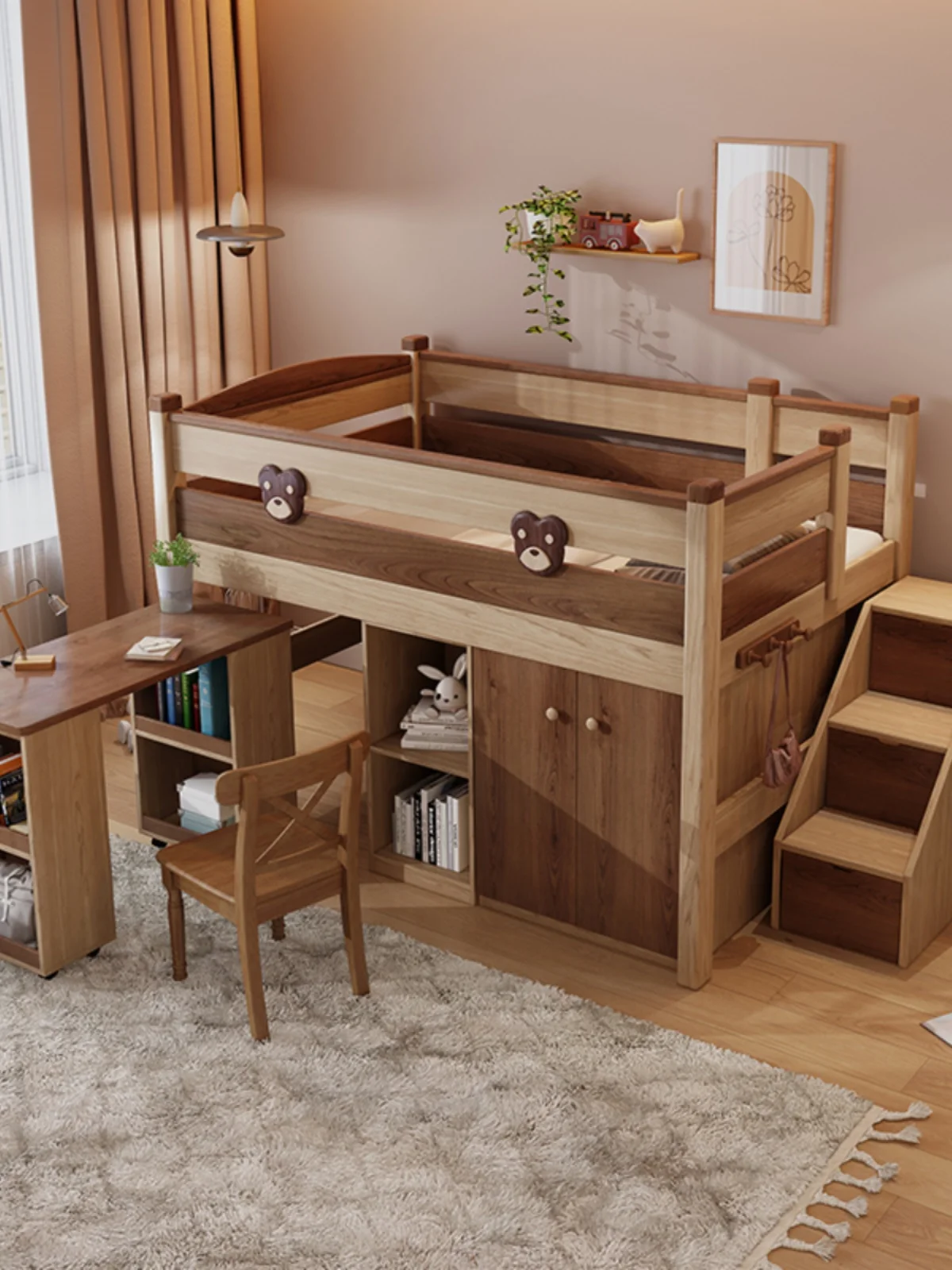 Half-height  children's bed multi-functional with desk wardrobe integrated small apartment boys and girls go to