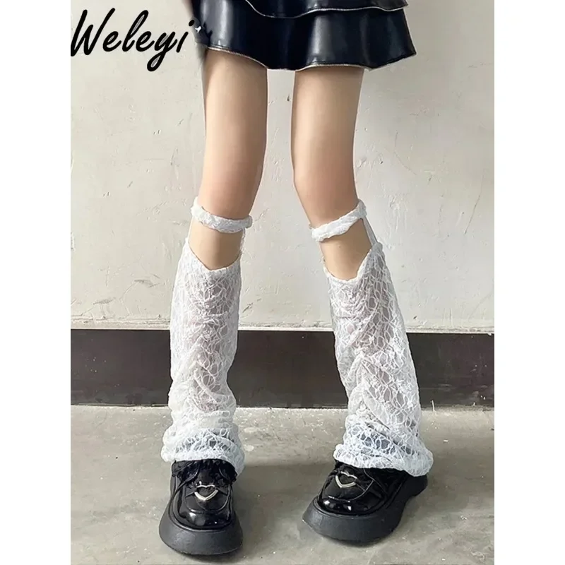 Women's Summer Beige Socks Japanese Fashion Hajuraku White Lace Hollow Middle Tube Suspender Leg Cover Ultra-thin Calf Socks