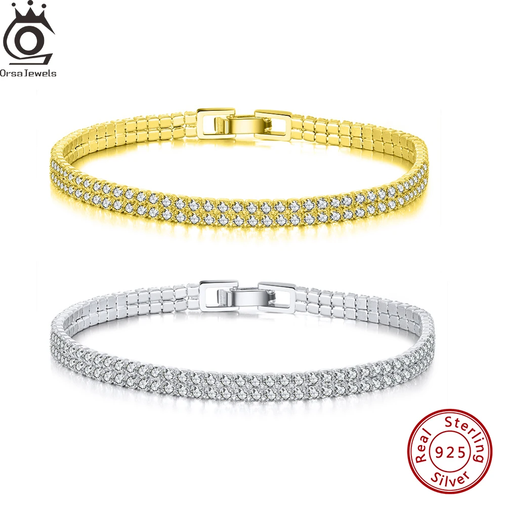 

ORSA JEWELS 2mm Luxury Roman Crystal Tennis Chain Bracelets Sparkling 925 Silver Party Full Rhinestone CZ Tennis Bangle SB118