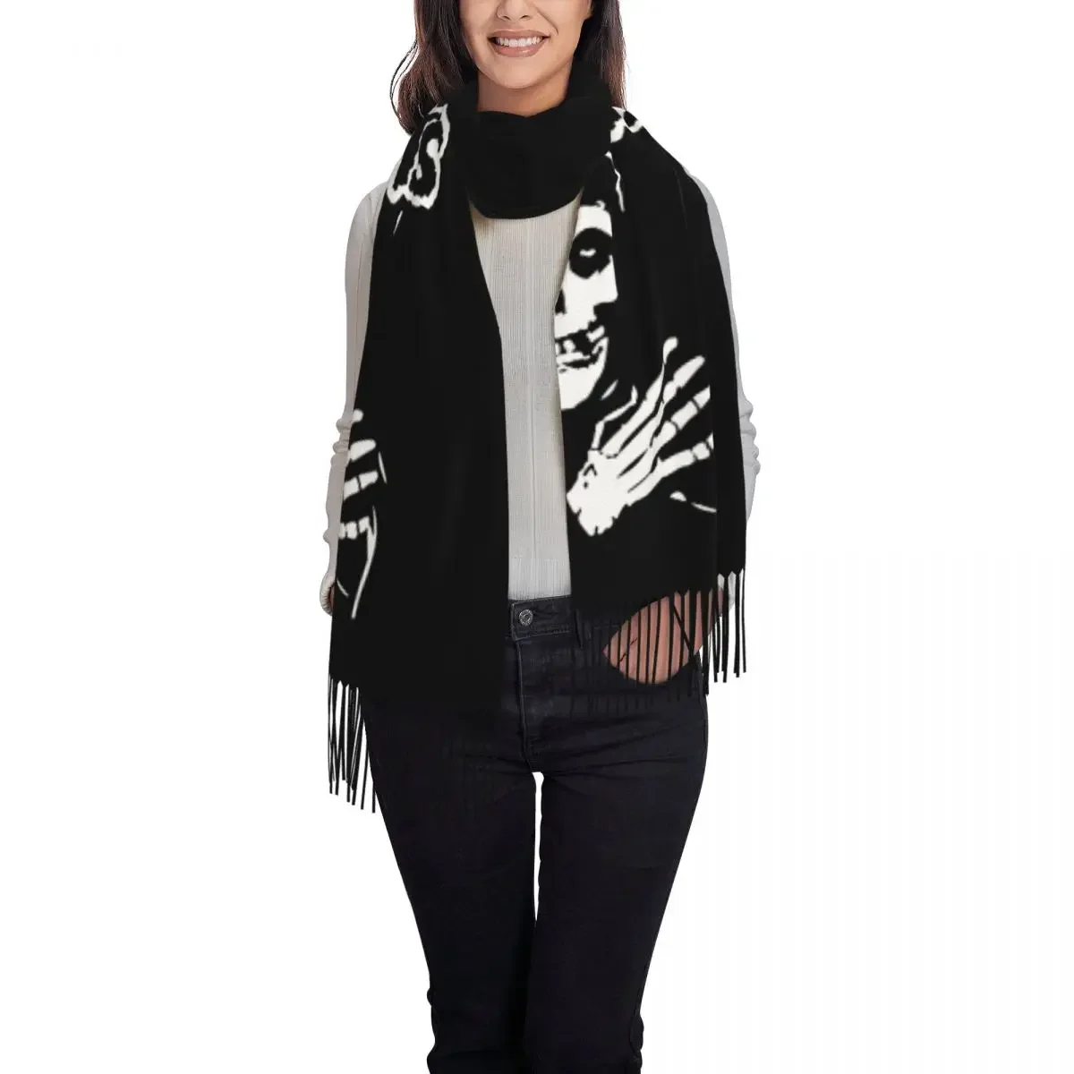 Custom Lady Large Horror Punk Rock Misfits Skull Scarves Women Winter Fall Thick Warm Tassel Shawl Wraps Scarf