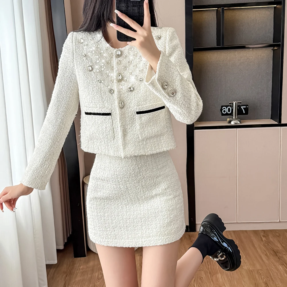 Women 2025 Autumn Winter Embroidery Diamond Beads Fashionable Sets Female Coat+Skirts White Suits