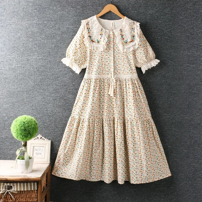 

Summer Sweet Mori Girl Floral Print Embroidery Dress Women Short Sleeve Hook Flower Drawstring Waist Cotton Midi Dresses