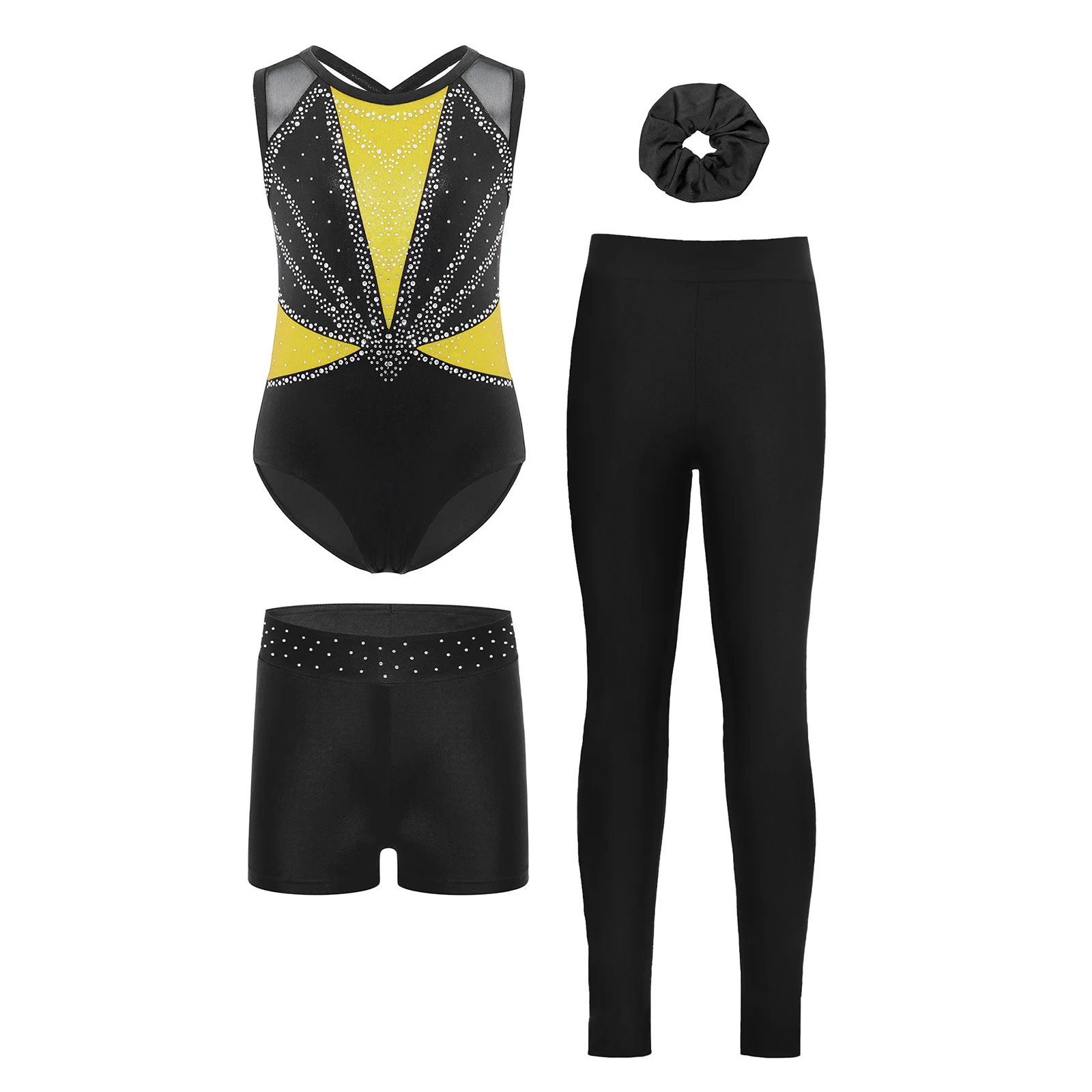

Kids Girls Gymnastics Latin Dance Costume Metallic Sleeveless Shiny Rhinestones Color Block Leotard Modern Figure Skating Outfit
