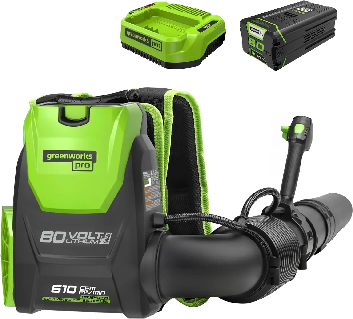 80V (180 MPH / 610 CFM / 75+ Compatible Tools) Cordless Brushless Backpack Blower, 5.0Ah Battery and Rapid Charger Included