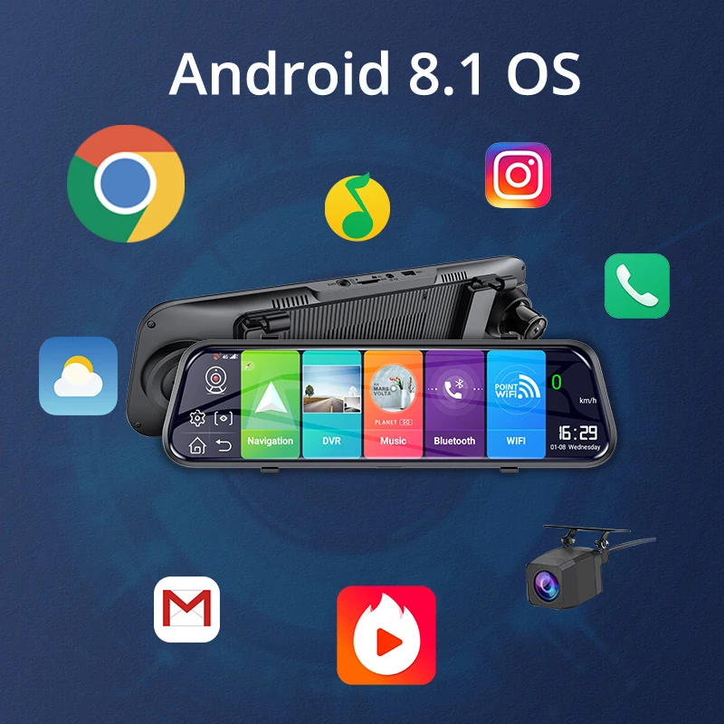 10 Inch 4G Android 8.1 Rear View Mirror Front And Rear Dual Lens Dash Cam With ADAS FHD WIFI GPS Navigation Reverse Camera