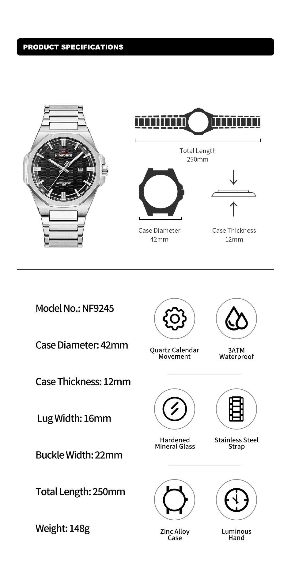 NAVIFORCE NF9245 Top Luxury Brand Steel Band Quartz Watch Man Japan movement Waterproof Sport Wristwatches