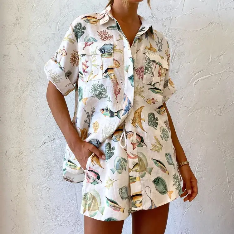 

2026 Fashion Personality Fish Print Short Sleeve Vacation Style Casual Tie Set Dress Elegant Elegant Robe Lace