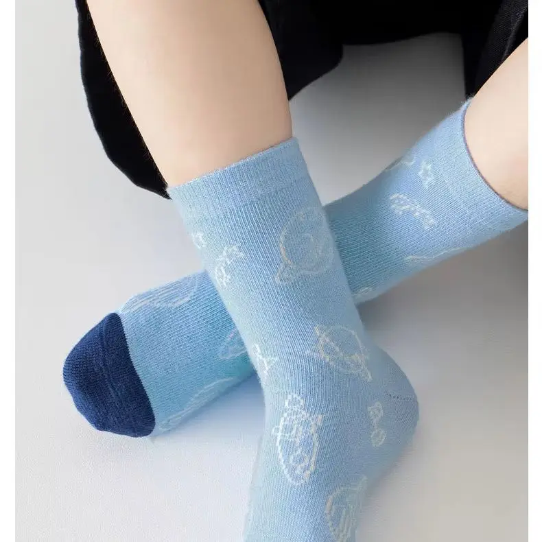 5 Pairs Socks Boys\' Cartoon Astronaut Pattern Cotton Socks Children\'s Spring Autumn Calf Socks Baby Girls Socks