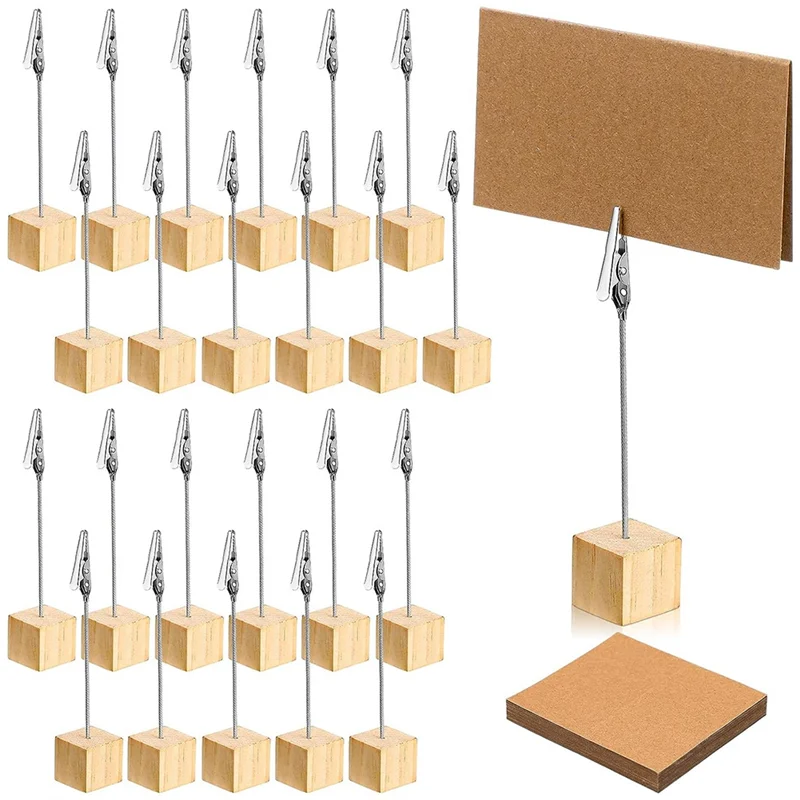 

ADP-24 Pcs Rustic Wooden Table Number Holders Place Number Holder Stand With Memo Clips and Kraft Cards Wood Picture Stands