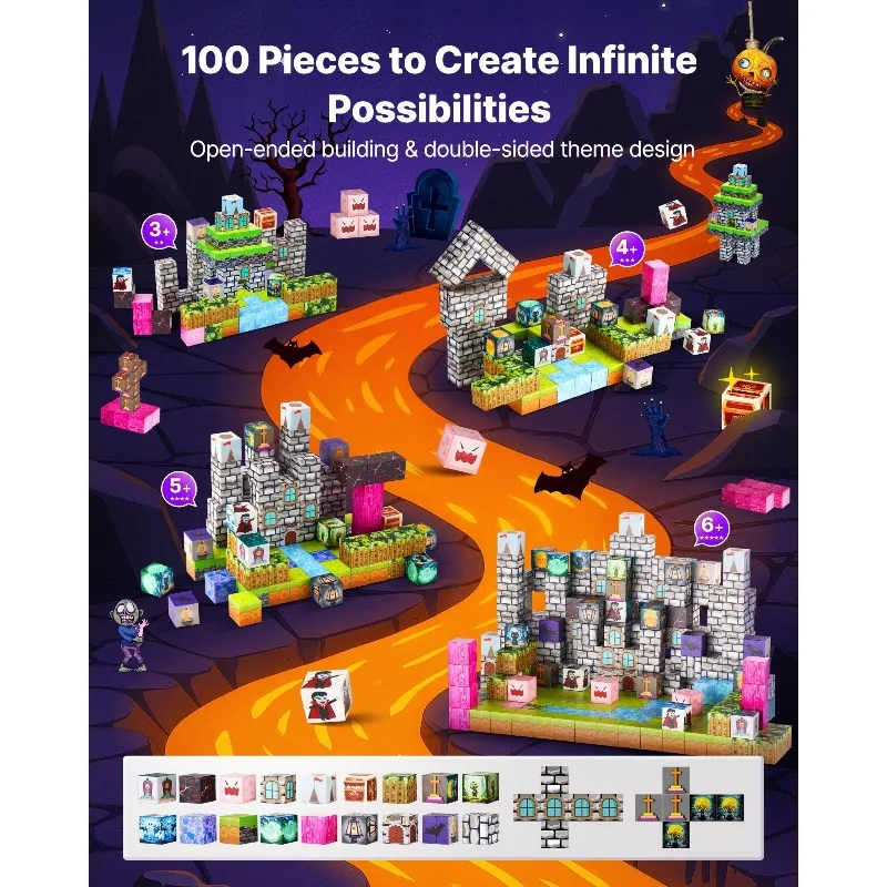 Magnetic Blocks 100 PCS Cemetery Zombies Set STEM Montessori Sensory Toys