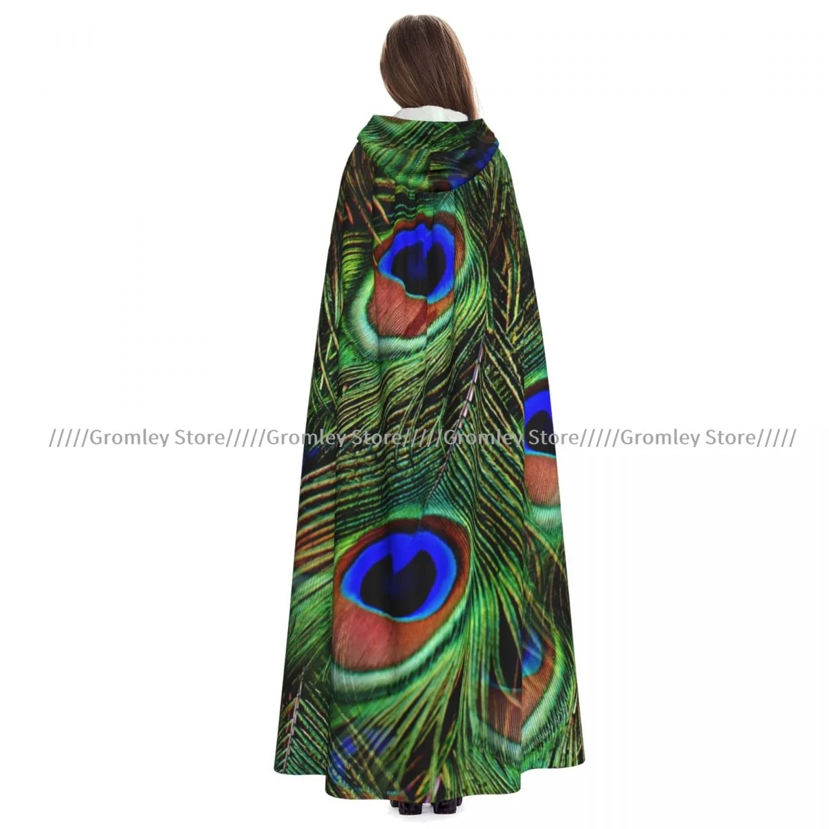 

Adult Peacock Feathers Cloak Cape Hooded Medieval Costume Witch Wicca Vampire Halloween Costume Dress Coat