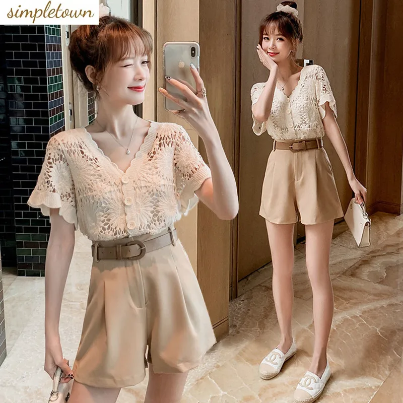 

Women's Summer Korean Version Temperament New Fashion Short Sleeve Hollow Out Small Shirt Wide Leg Shorts Two Piece Set