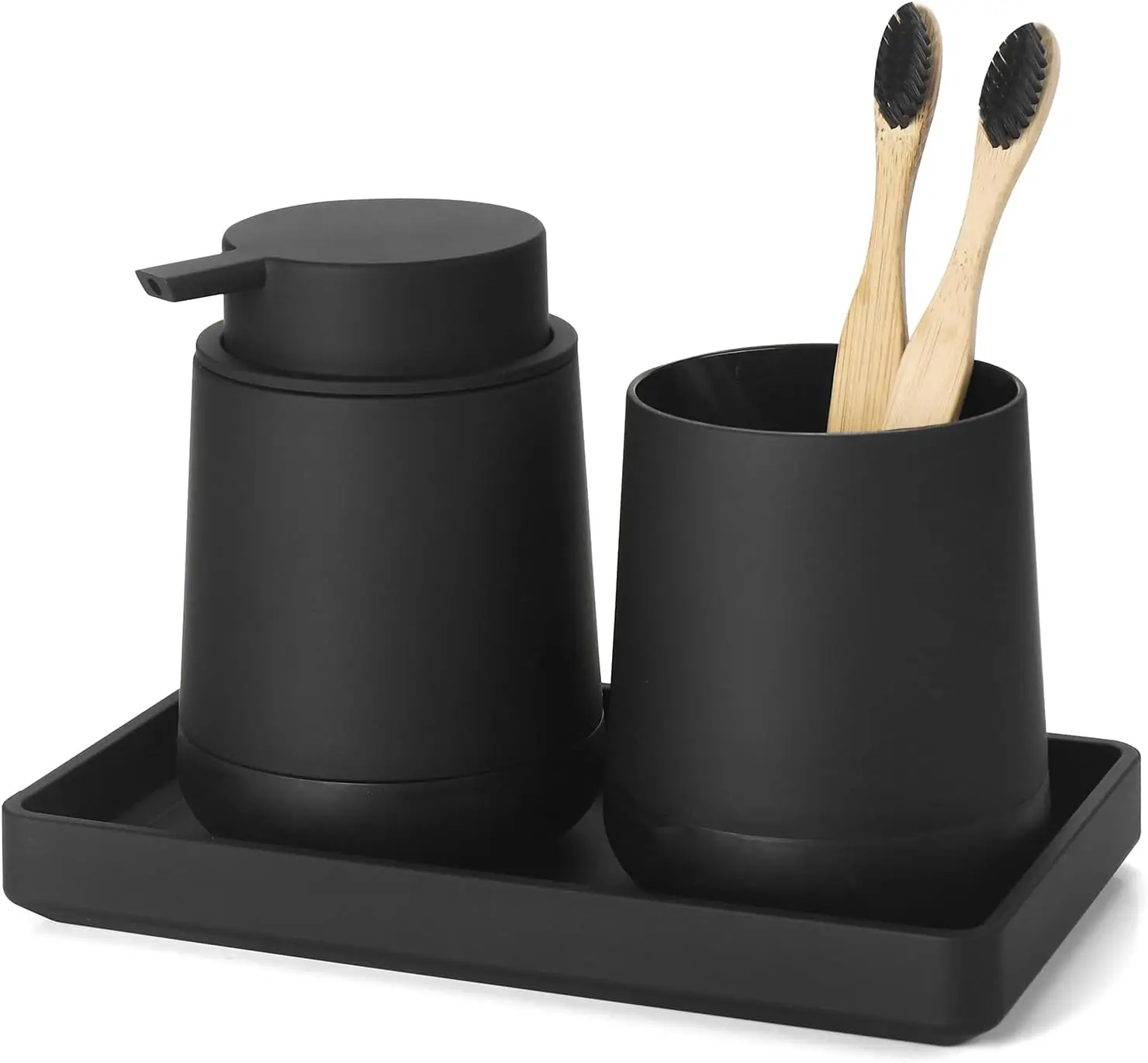 

Черный набор для ванной комнаты: дозатор для мыла, держатель для зубных щеток и поднос для туалетных принадлежностей