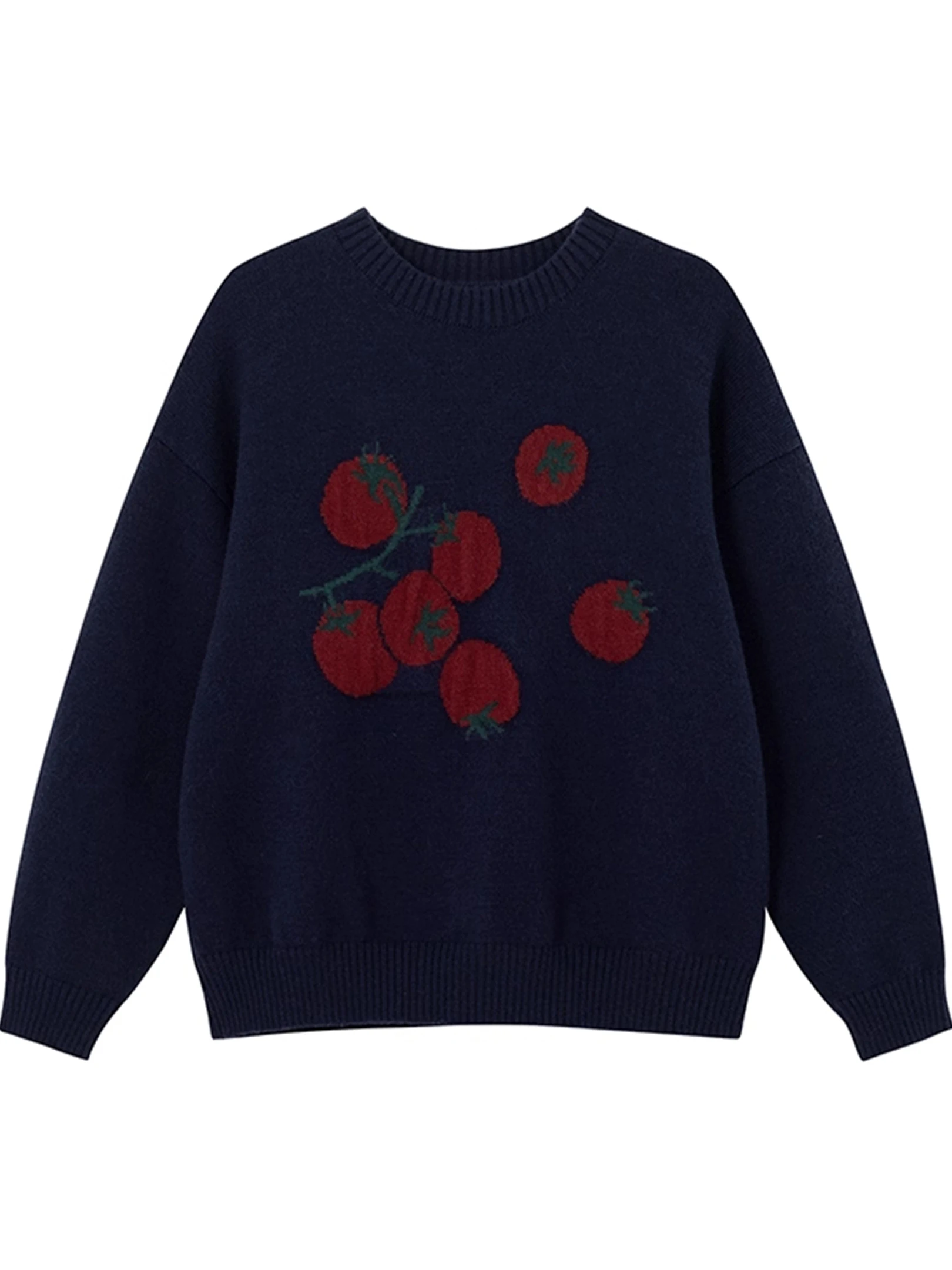 سترة محبوكة فضفاضة بنقش الطماطم وياقة مستديرة للنساء، أسلوب كوري للخريف والشتاء، ملابس داخلية مريحة ونحيفة #2