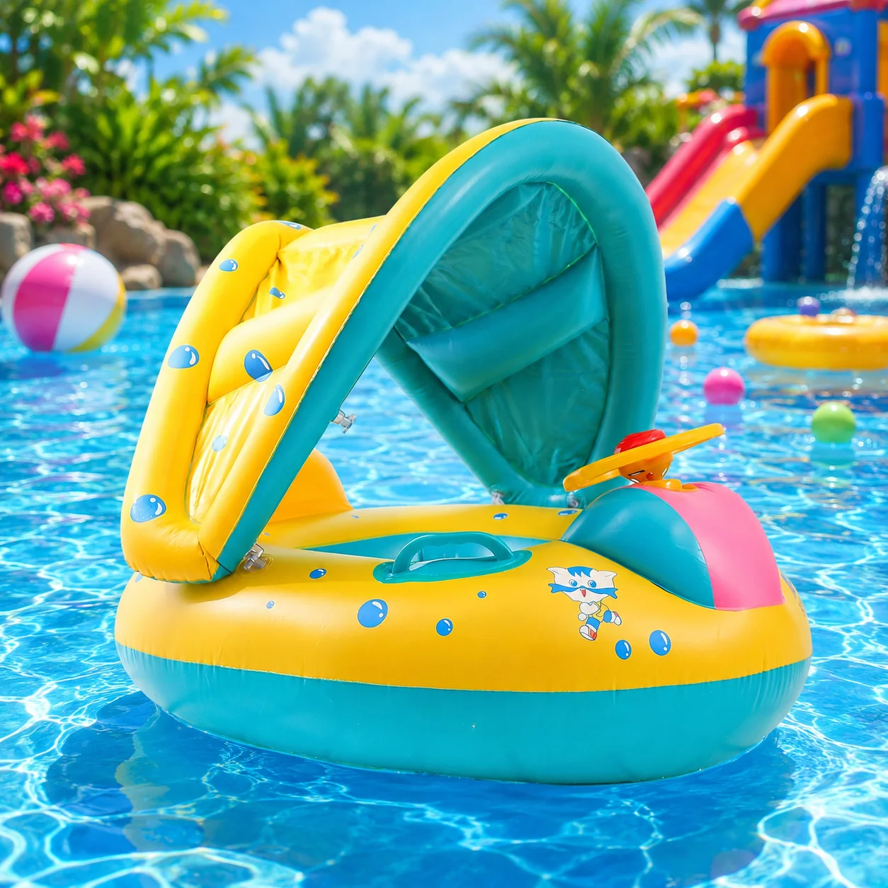 1pc Inflatable Pool Float Airplane Seat Ring with Canopy Sun Shade Water Hammock Lounge Chair Float with Steering Wheel Handles