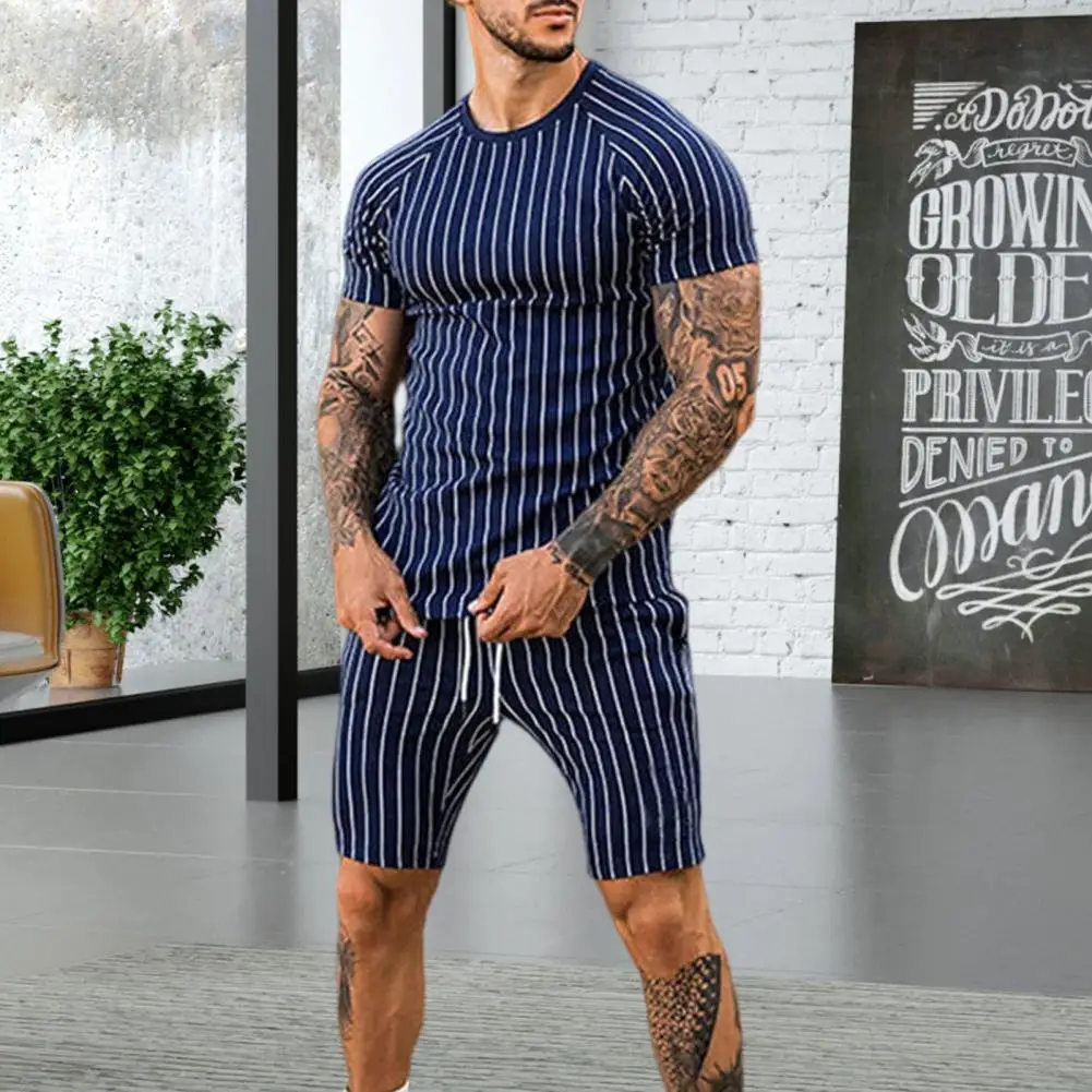 T-shirt Shorts Set Slim Fit Color Matching T-shirt Shorts Set Striped Print Two Piece Set Men Summer Tracksuit Men Garment