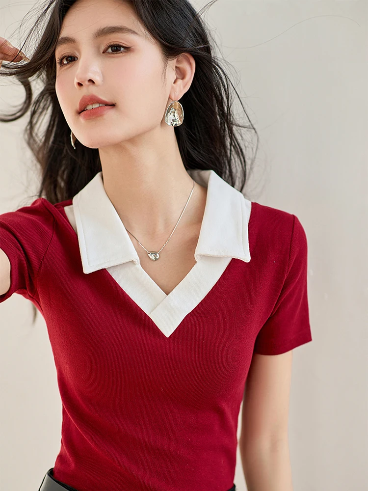 Korean Fashion Summer Women Lapel Shirt Short Sleeve T-Shirt Solid Color Knit Top Fashionable Slim Fitting Pullover Top