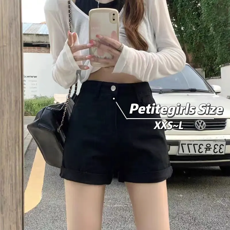 150cm Petite Girls Versatile Rolled Edge Denim  Women With High Waistretro Slim Fit XS Size Showing Slim Hot Pants Summer Wear