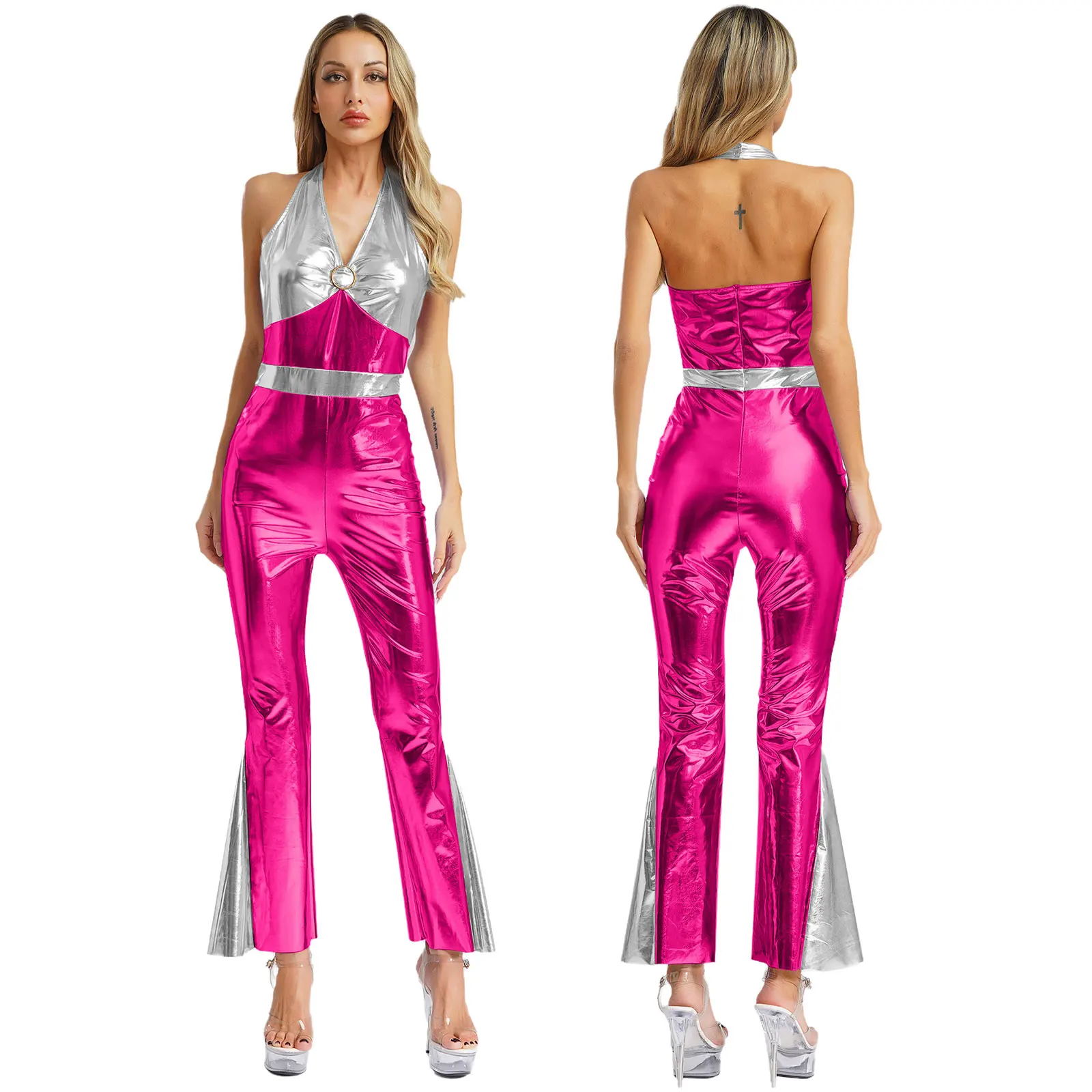 

Women Patchwork Fashion Flared Jumpsuits for Jazz Tango Tap Disco Dance Performance Costumes Metallic Party Club Dance Leotards