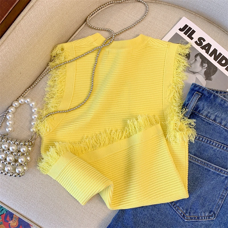 Tassel Sleeveless Yellow O Neck Knitted Tee Vest Women Casual Knitwear T-shirt Loose Casual Crop Tops