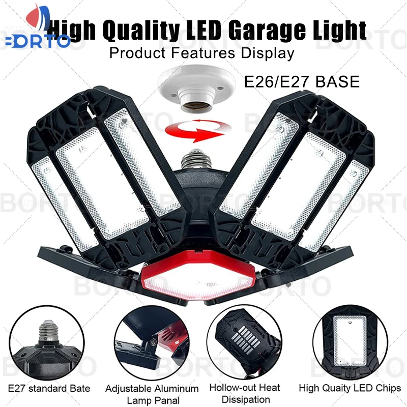 2023 Led Garage Light Deformable Ceiling Lighting With 12 Adjustable Panels Shop Work Lamps For Storage Warehouse Workshop Light