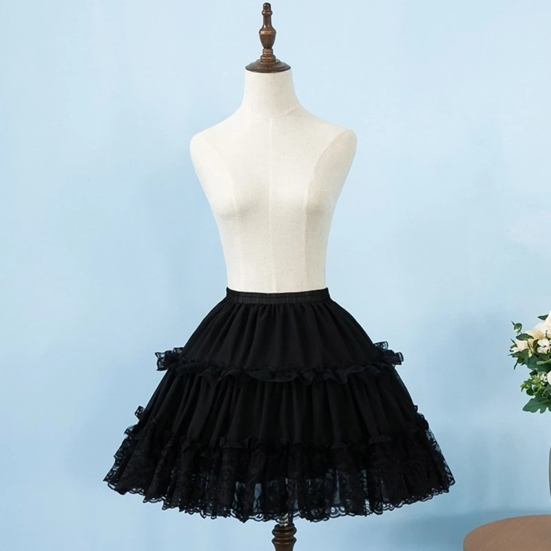 Womens Elastic Waist 2 Hoop Petticoat Ruffle Lace Short Half Slip Underskirt