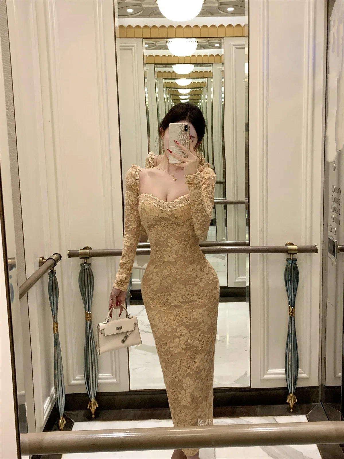 

Сексуальное кружевное облегающее платье Pure Desire, длинное платье с квадратным воротником на талии, осенне-зимний дизайн, красивая женская мода Dr