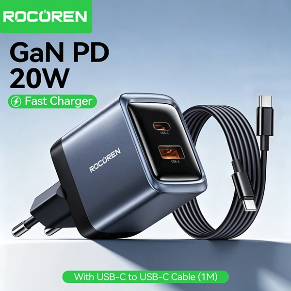 Rocoren 20W GaN PD Fast Charger USB C Charger Portable Type C Charger PD3.0 QC3.0 Quick Charging For iPhone 18 17 16 15 Pro Max
