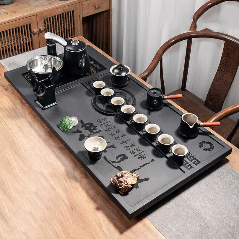 Complete Chinese Gongfu Tea Set, Natural Black Stone Tea Tray with Drainage, Ceramic Teapot & Teacups Set for Home Tea Ceremony