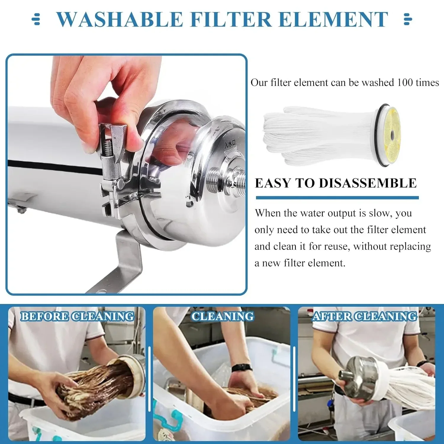 منقي مياه UF عالي التدفق للمنزل بالكامل - فلتر معدني من الفولاذ المقاوم للصدأ 0.01 ميكرومتر مع غشاء PVDF قابل للغسل وإعادة الاستخدام، 2000 لتر