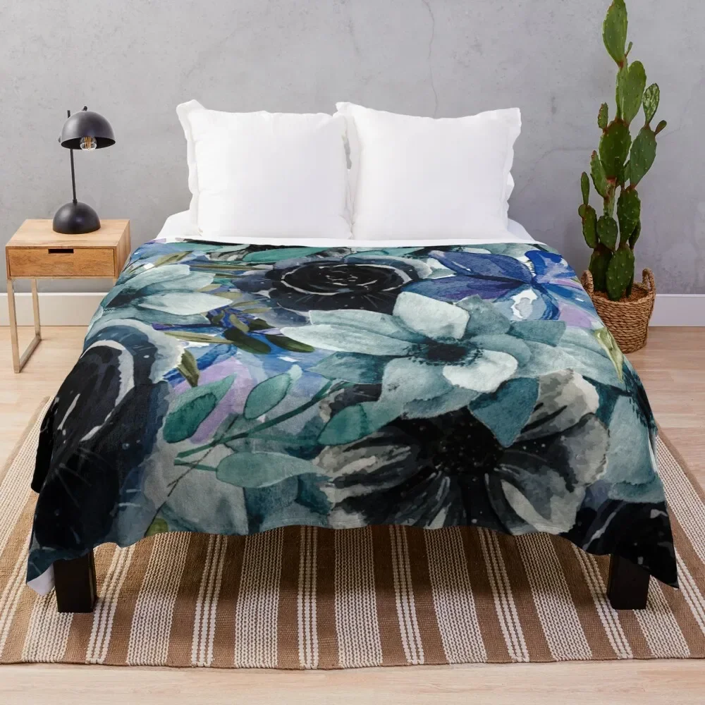 

Dark Blue Watercolor All Over Floral Pattern Throw Blanket Year Round Soft Comfortable Blanket for Home