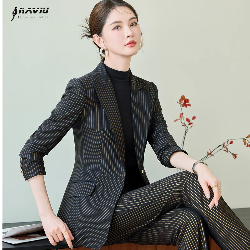 

NAVIU Black Stripes Elegant Fashion Office Women Pants Set High End Slim Single Button Casual Long Sleeve Ladies Blazer And Pant