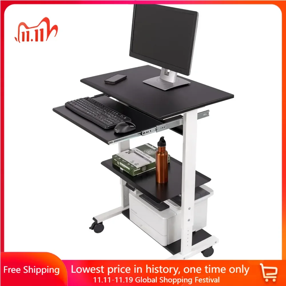 

Stand Up Desk Store Mobile Rolling Adjustable Height Standing Workstation with Printer Shelf and Slideout Keyboard Tray