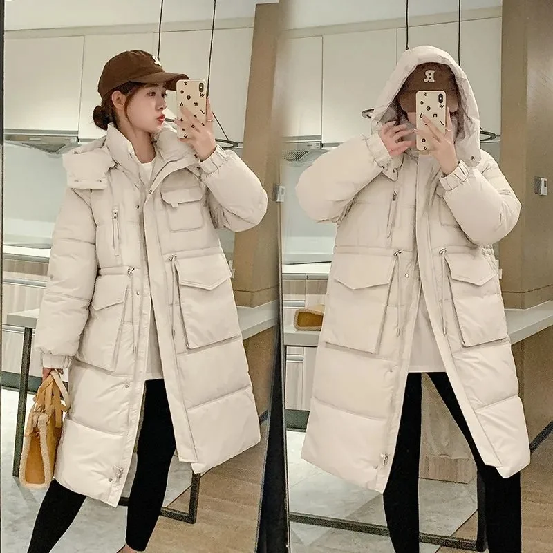 Piumino lungo invernale in cotone per donna Cappotto Parka con cappuccio con cerniera Cappotto imbottito allentato Addensare giacche da neve calde JJ534