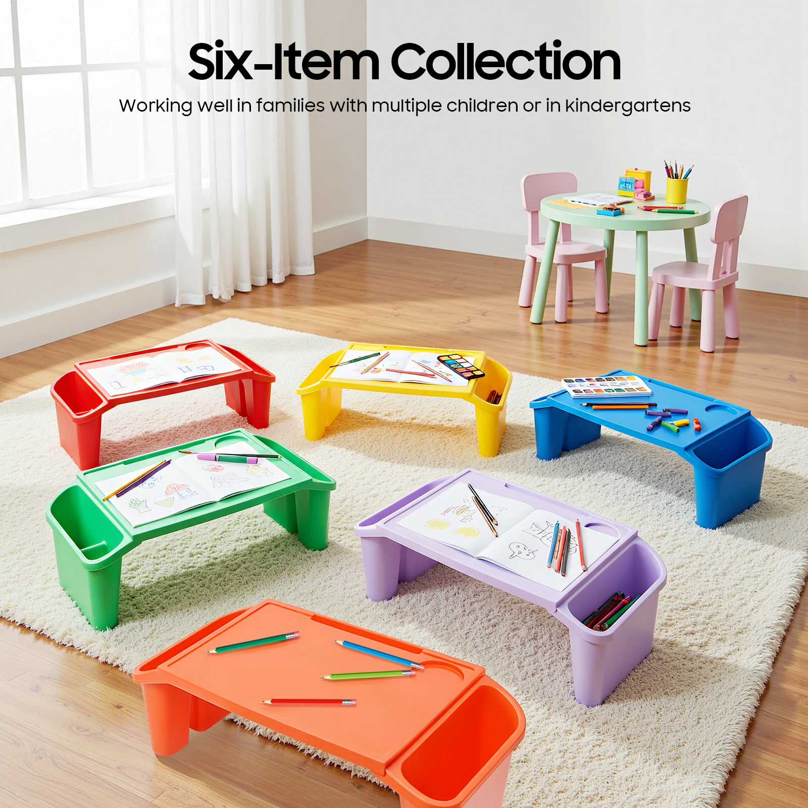 6 Pcs Kids Lap Desk Tray, Plastic Breakfast Lap Desk Trays with Side Pockets and Slot, for Eating, Writing, Drawing, Game
