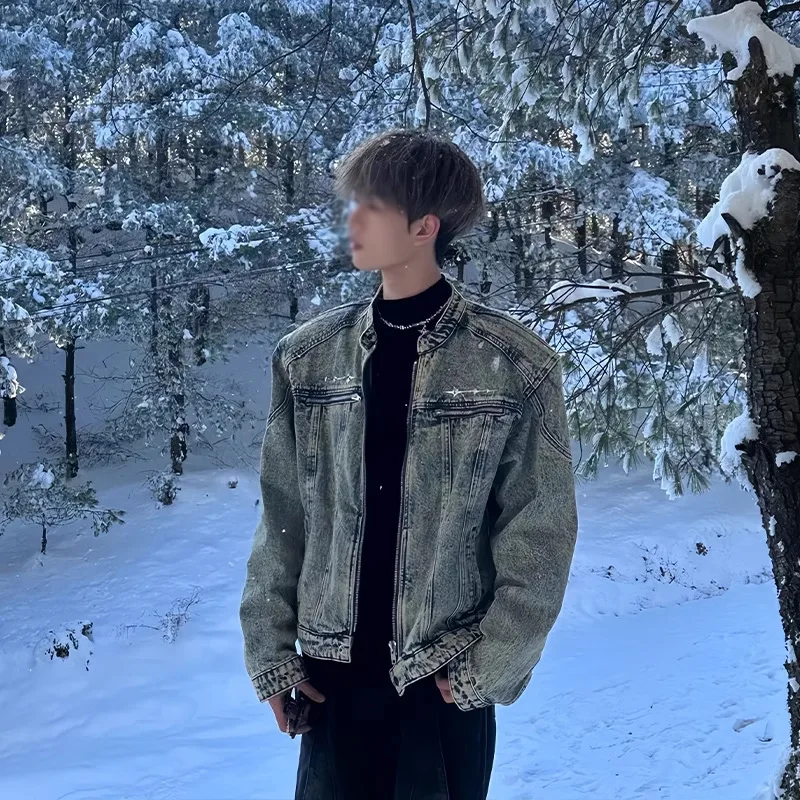 

Укороченная мужская джинсовая куртка, винтажный негабаритный дальнобойщик с подплечниками, острый уличный стиль