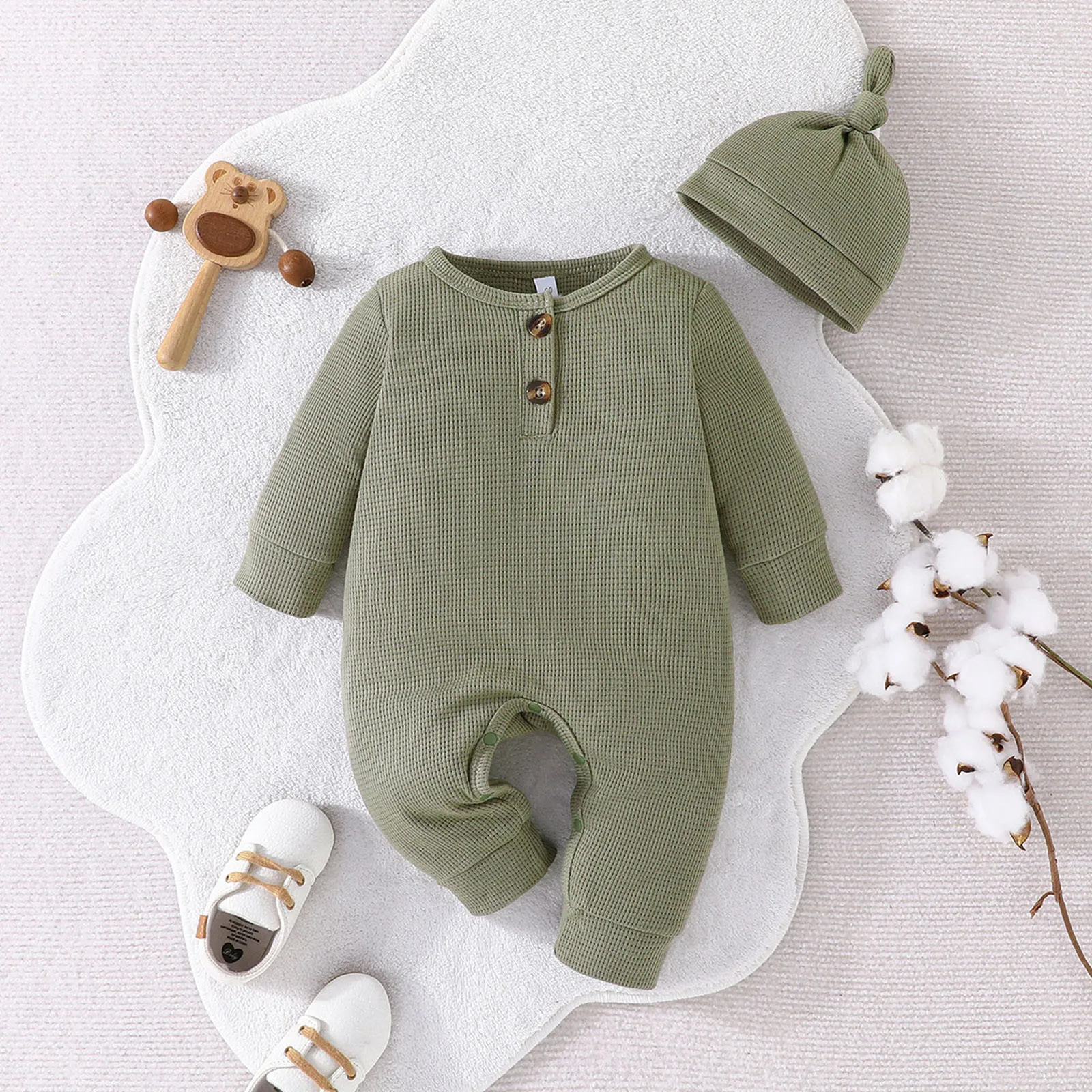 3 9 12 18M Infant Newborn Baby Jumpsuits Solid Color Infant Boys Girls Romper+Hat Spring Autumn Toddler Baby Clothing Outfits