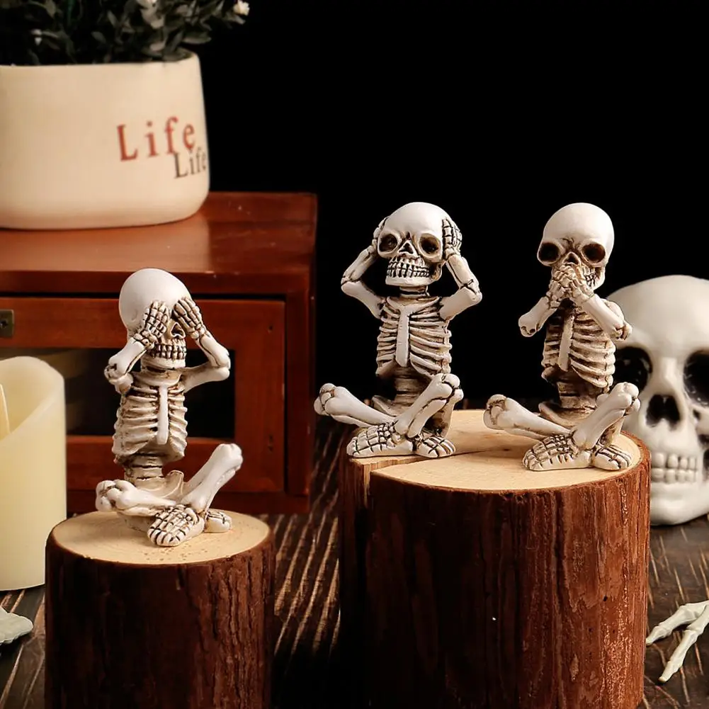 3Pcs Skull Ornaments Resin Yoga Skeleton Figurines Hear See Speak No Evil Statue Halloween Gothic Home Decor for Skull Collector