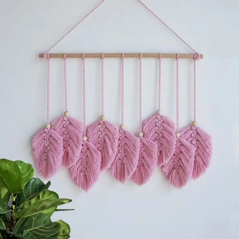 

Macrame Wall Hanging Decor Boho Woven Tapestry Bohemian Colorful Leaf Macromay Tassel Art Bedroom Home Decoration with Wood Bead