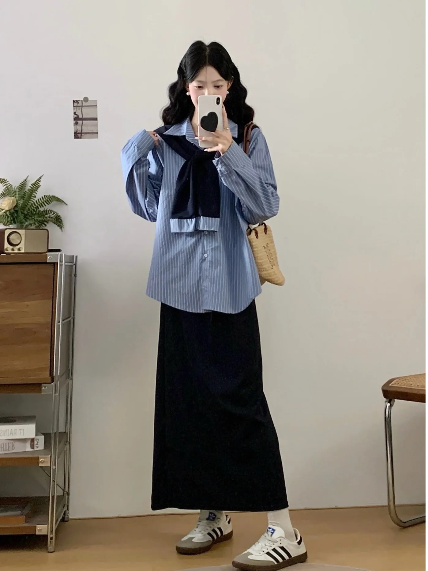 

plus Size Women's College Sle Casual Blue Striped Long Sve irt High Waist Skirt Tee Piece Set Autumn New Arrival