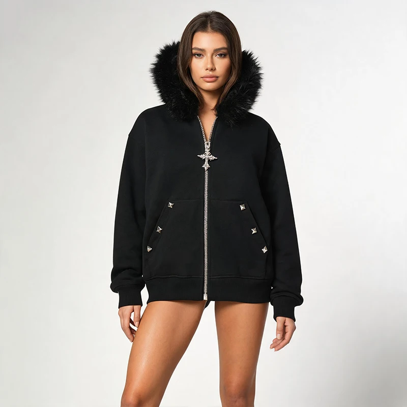 Y2K Gothic Zip Up Hooded Jacket Faux Fur Collar Cross Rivet Studded Cropped Coat Punk Alt Streetwear Women Outerwear