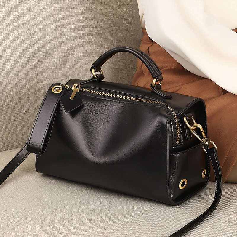 

Niche Genuine leather women's shoulder bag cowhide Boston pillow handbag crossbody bag for women fashion Commuter shopping bag