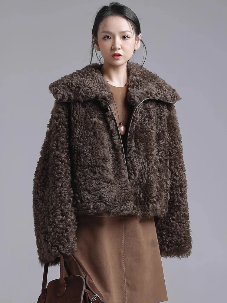 여성용 고급 토스카나 양털 시어링 재킷, 심플 네이비 넥 디자인 숏 겨울 천연 가죽 리얼 퍼 코트