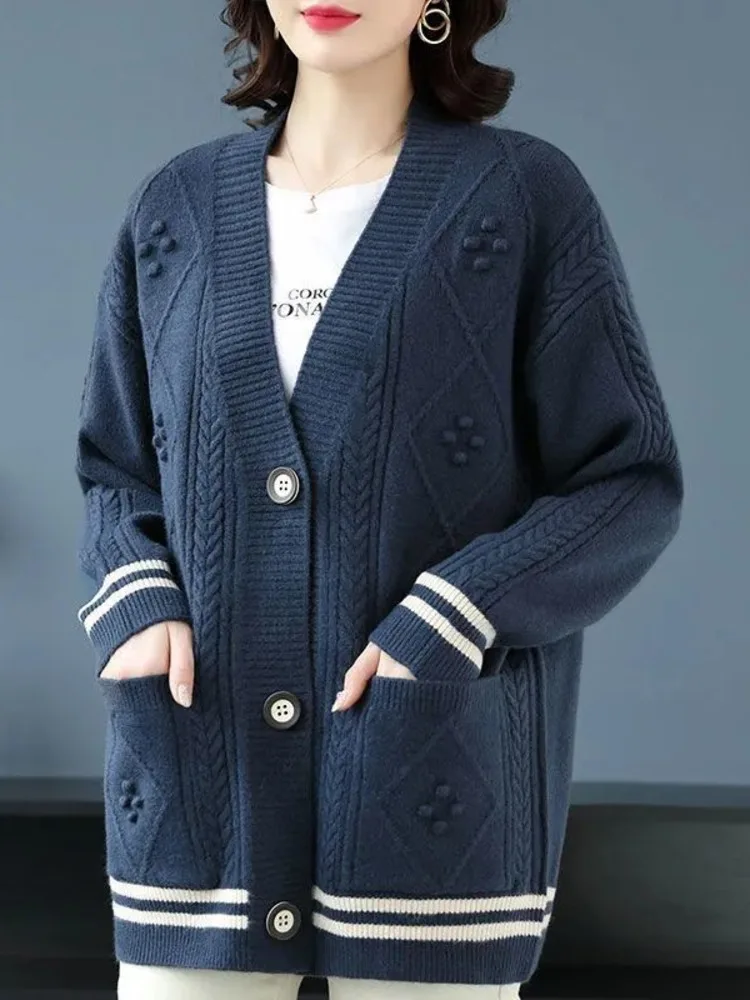 Women Casual Long Sleeve Knitted Sweater Coat Stripe Korean Fashion Cardigan Tops Vintage Single-breasted Clothing New