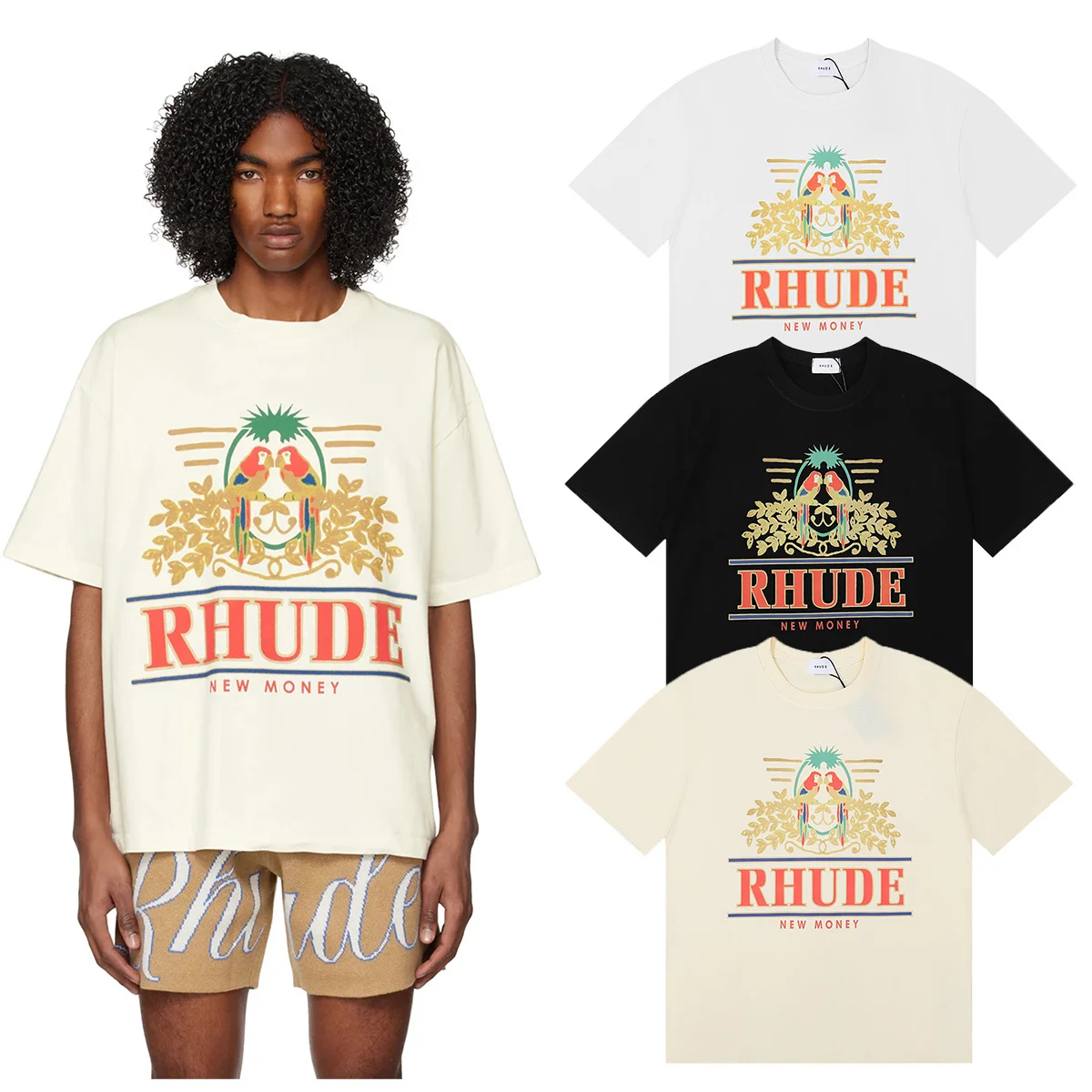 Retro American Style Parrot Print Loose Fit Short Sleeve Pure Cotton T-Shirt for Couples Youth Fashion Streetwear Citywalk