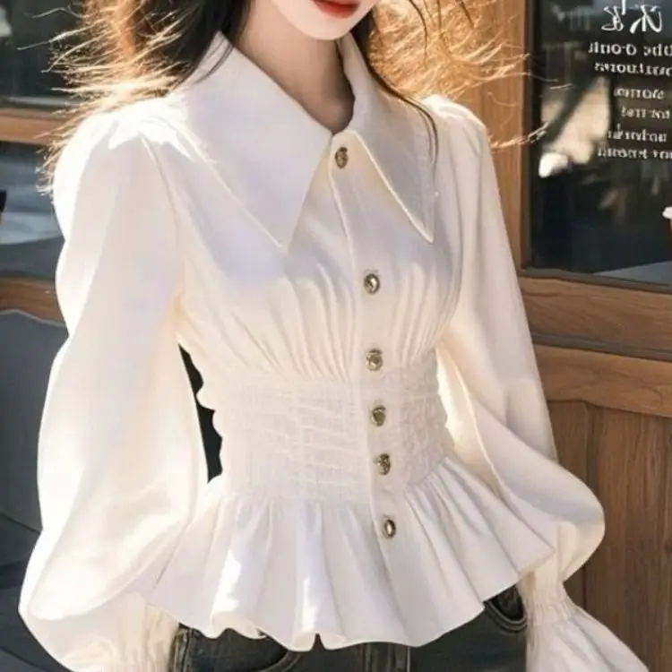 

Sweet white high-end long-sleeved shirt women's clothing spring and autumn French waist and thin fashion foreign-style top