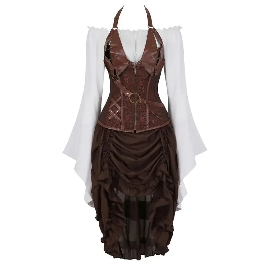 Steampunk Sexy Faux Leather Halter Corset Bustier Top Gothic Irregular Skirt Renaissance Blouse Plus Size Pirate Costumes