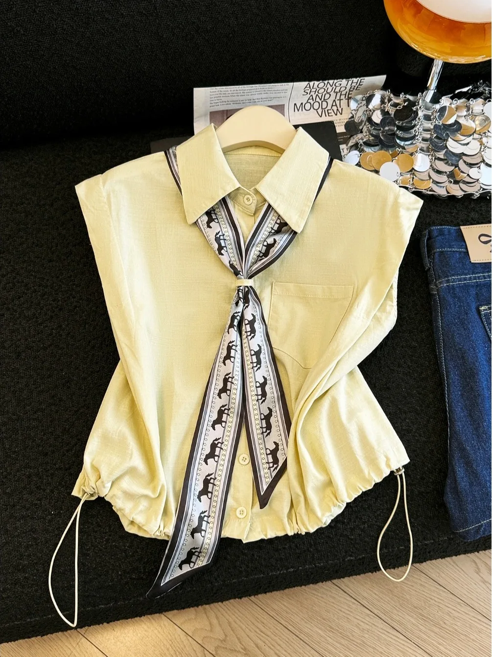

Elegant Scarf-Tied Drawstring Shirt Women Summer Design Sensation Airplane Sleeve Slimming Thin Shirt Breathable Polyester Fiber