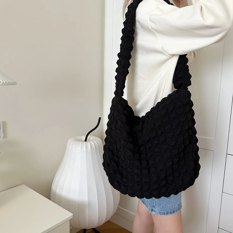 

﻿casual Bubble Fabric Solid Color Pleated Embroidered Plaid Shoulder Bag Underarm Bags Simple Large Capacity Quilted Tote Bags